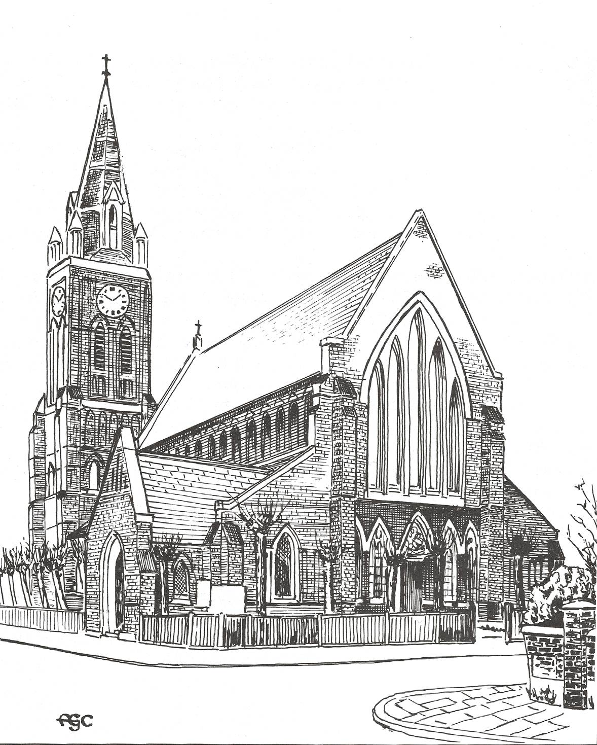 A black and white drawing of a church

Description automatically generated